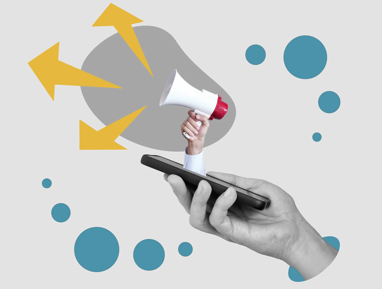 51743580 collage smartphone with a hand holding a megaphone digital marketing concept